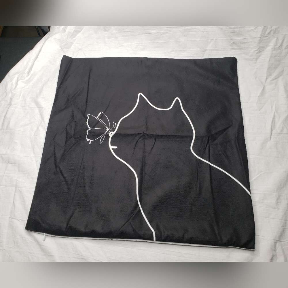 Cat With Butterfly Black and White Throw Pillow Zippered Cover 17 x 17 Inches